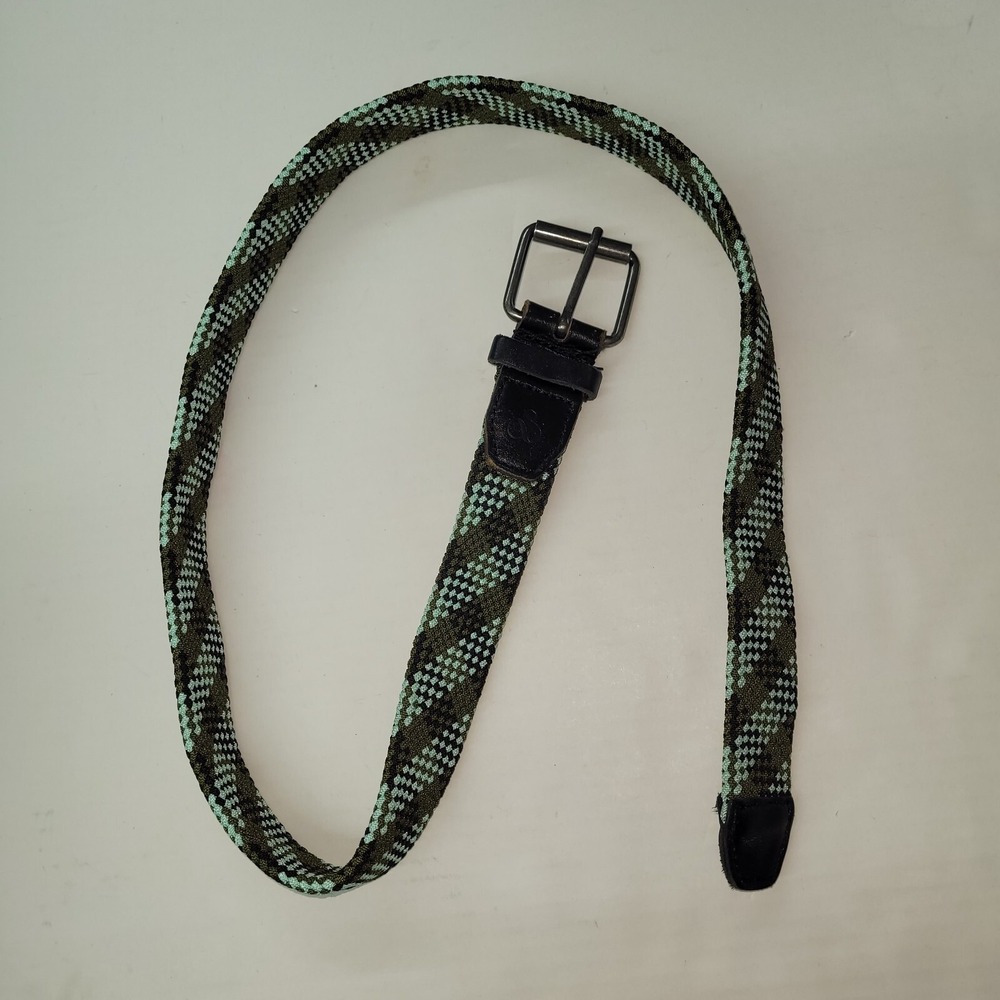 & Woven Stretch Belt Mens Medium Green Black Argyle‎ Geometric Braided Elastic